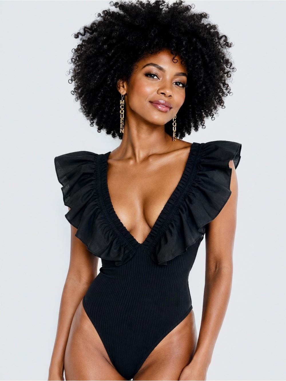 Jealous Tomato Black Ruffle Off Shoulder Bodysuit Size L Going Out Top Y2K - Picture 7 of 8
